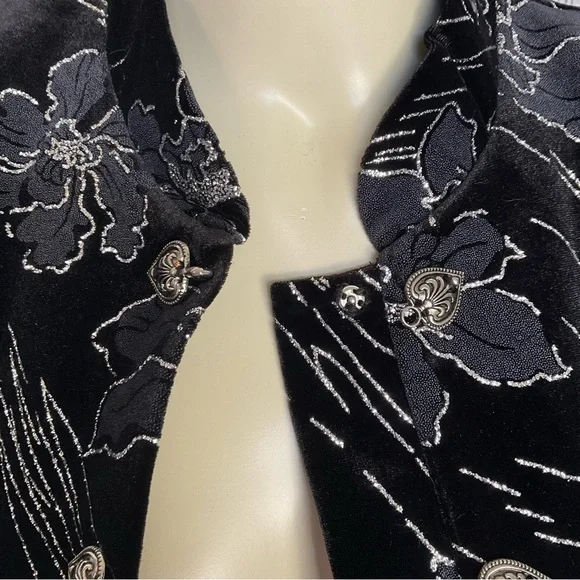NWT Vintage JBS LTD Velvet & Silver Glitter Flowers Asian Style Tunic Top - Picture 4 of 9
